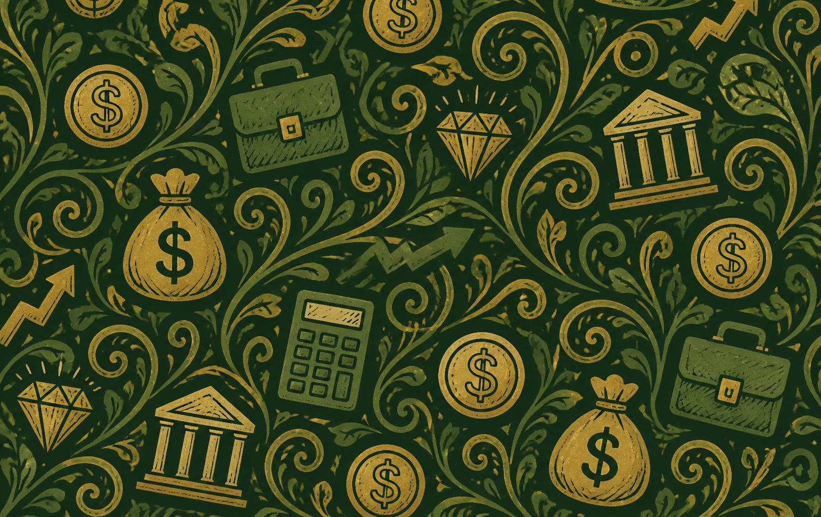 Gold and green hand-drawn doodle pattern of coins, money bags, arrows and swirls