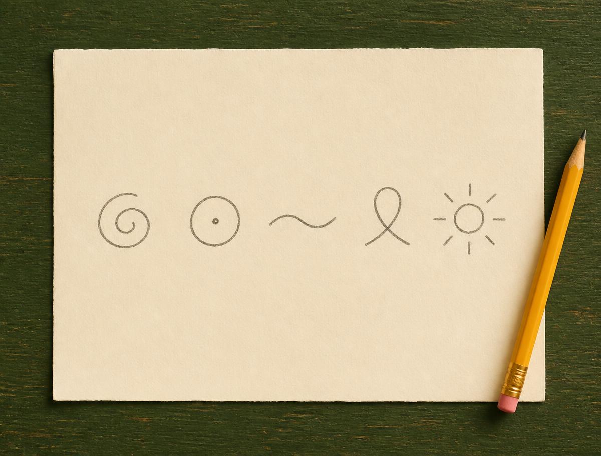 A cream page with five easy pencil doodles — a spiral, a circle, a wave, a loop, and a small sun — beside a yellow pencil